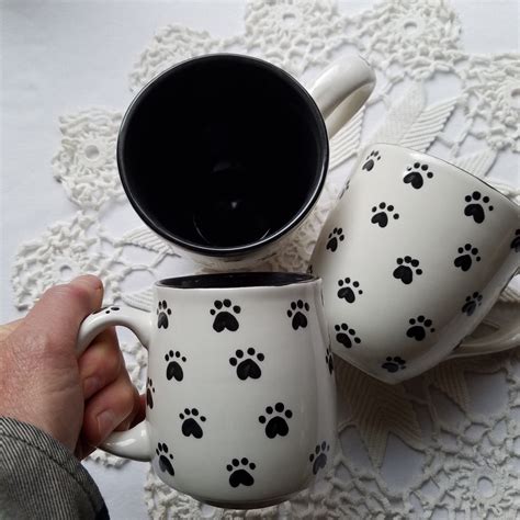 Paw Prints Mug Cat Mug Dog Mug, Large Black and White Coffee Mugs, Black Cat Mug Animal Lover ...