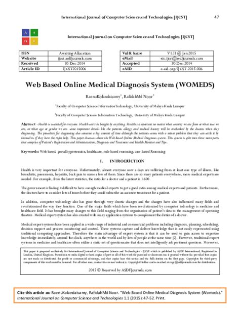 Pdf Web Based Online Medical Diagnosis System Womeds