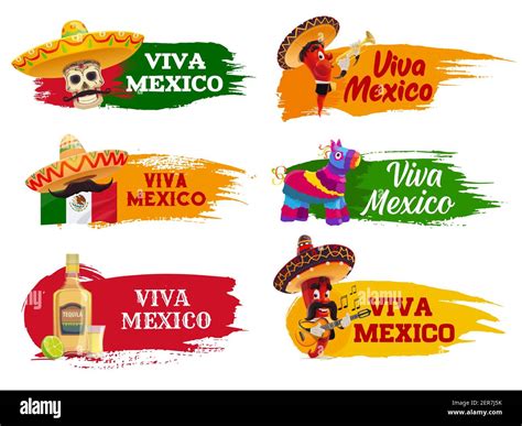 Viva Mexico Isolated Icons With Chilli Pepper Musician Characters