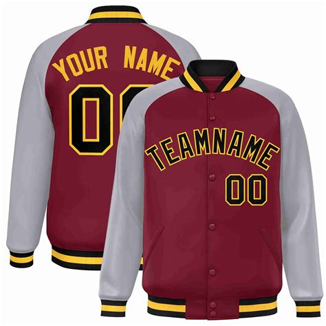 Custom Crimson Black Gold Raglan Sleeves Varsity Full Snap Letterman J