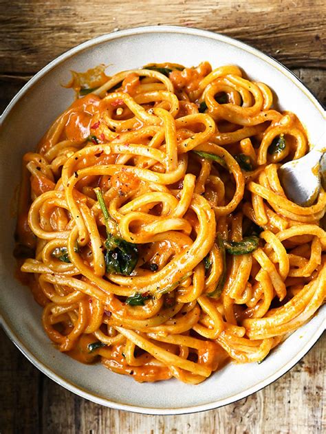 Creamy Thai Red Curry Udon Noodles Serving Dumplings