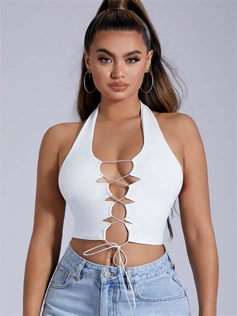 Shein Sxy Lace Up Front Crop Halter Top Shein Usa