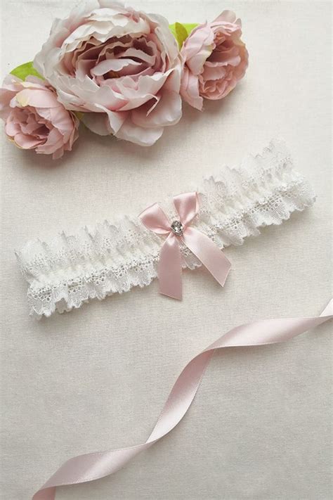 Pink Bow Wedding Garter Ivory Bridal Garter With A Crystal Etsy