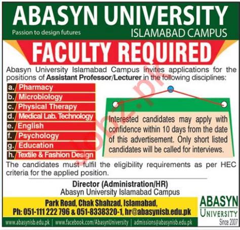 Abasyn University Islamabad Campus Faculty Jobs 2018 2023 Job