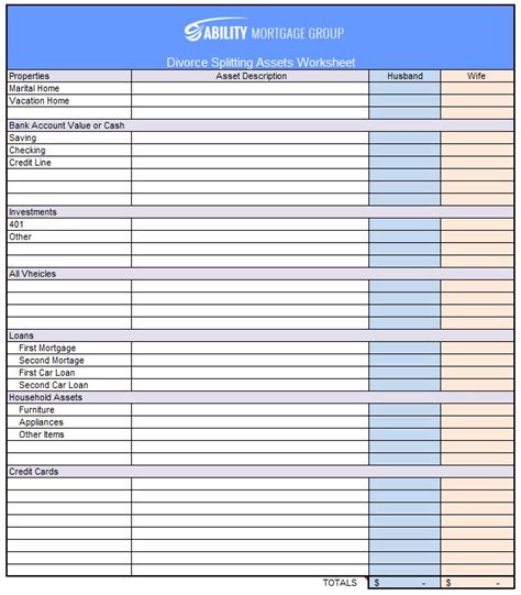 Divorce Asset Worksheet Free