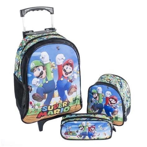 Mochila Super Mario Bros Rodinhas Luigi Lancheira Estojo Kit Submarino