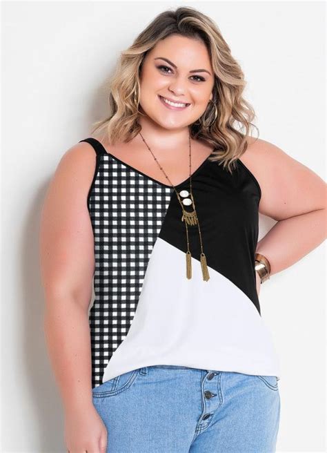 Blusa de Alças Xadrez e Preta Plus Size Marguerite