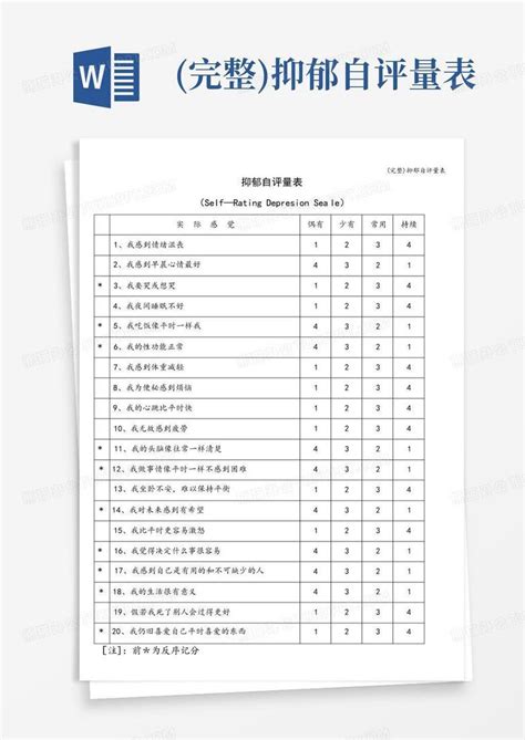 完整 抑郁自评量表Word模板下载 编号ldbremej 熊猫办公