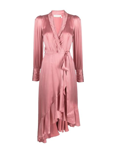 Zimmermann Asymmetric Ruffled Silk Satin Midi Wrap Dress In Pink