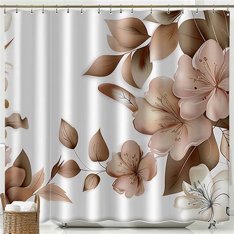 Brown And White Floral Shower Curtain Set With Floral Composition Gray