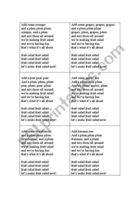 Fruit Salad - a song-based activity card for pairwork/ groupwork - ESL ...