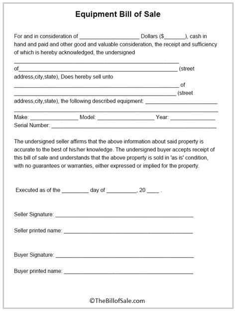 Printable Equipment Bill Of Sale Free Bill Of Sale Template