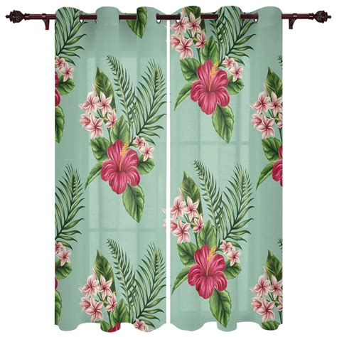 Tropical Red Hibiscus Floral Green Palm Leaves Window Curtains For