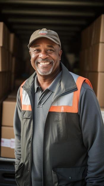 Premium Photo A Man In A Hat Stands In Front Of A Stack Of Cardboard