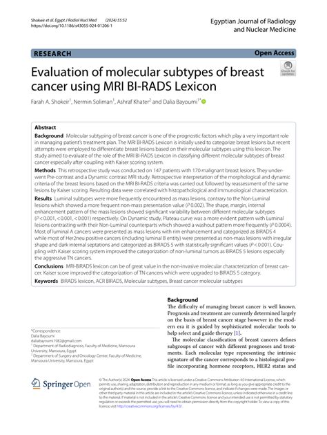 Pdf Evaluation Of Molecular Subtypes Of Breast Cancer Using Mri Bi