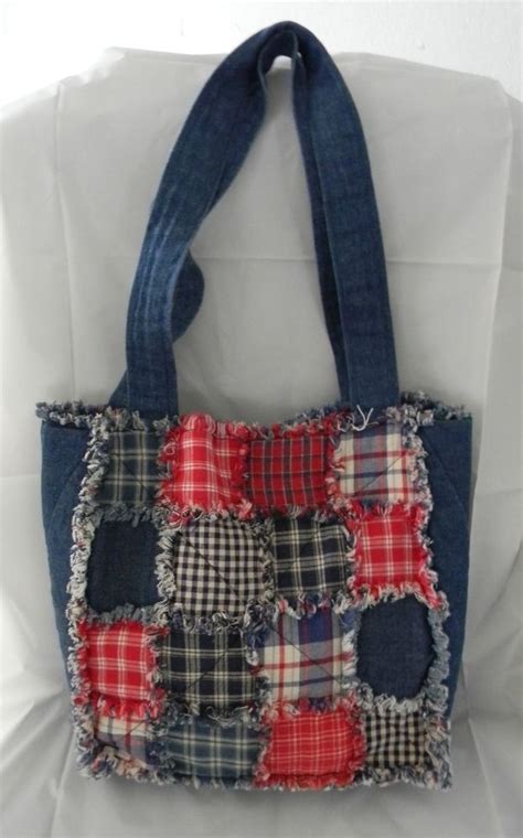 Denim Purse Tote Rag Quilt Front Handmade Lined With Matching Fabric