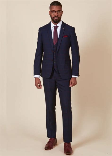 Marc Darcy Edinson Navy Wine Check Wedding 3 Piece Suit Suitsme