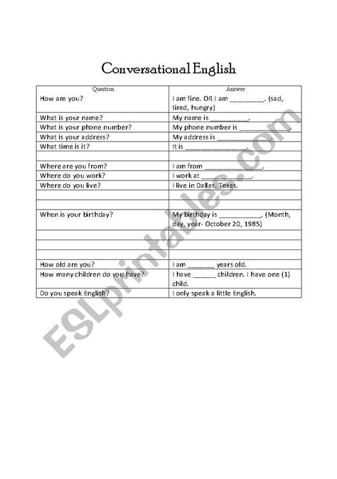 English Worksheets Conversational English