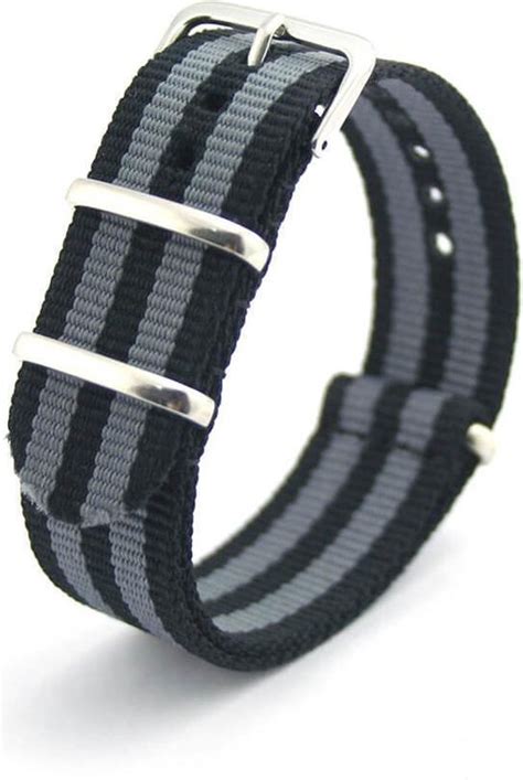 Premium Black Grey Nato Strap 20mm Stripe Horlogeband Zwart Grijs