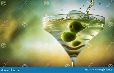 A Martini Glass Filled With Green Olives And A Splash Of Water Stock