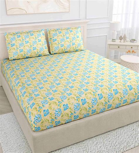 Buy Blue Floral 144 Tc Cotton King Sized Bedsheet With 2 Pillow Covers