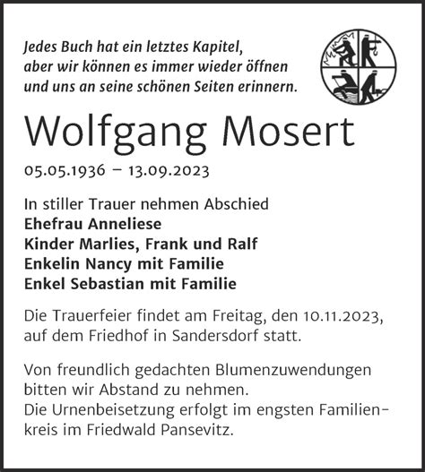 Traueranzeigen Von Wolfgang Mosert Abschied Nehmen De