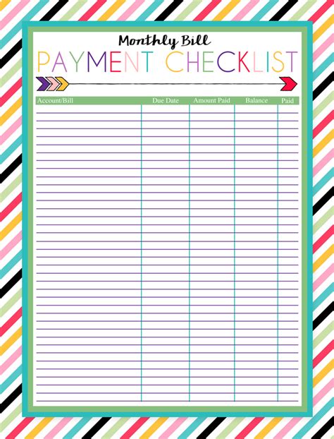 Free Printable Bill Payment List