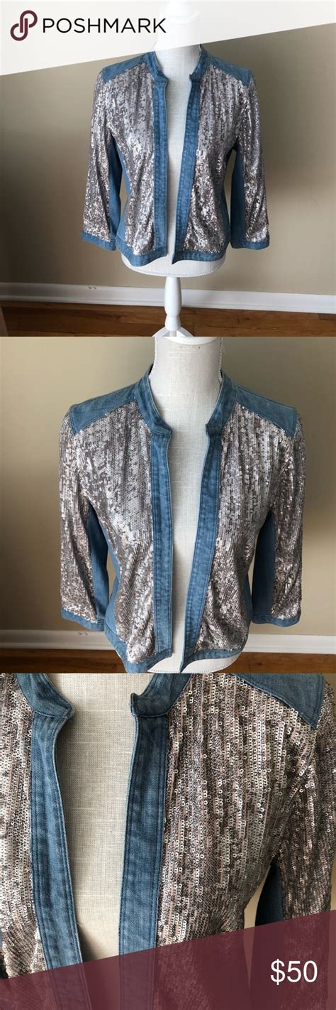 Chicos Silver Sequin Denim Jacket Sz 1 Denim And Diamonds Clothes Design Denim Jacket