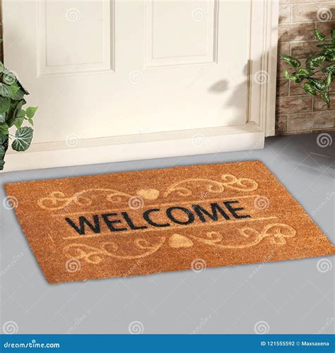 Welcome Door Mat With Female Feet. Friendly Grey Door Mat Closeup With ...