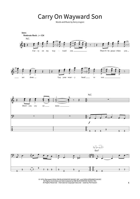 Carry On Wayward Son By Kansas Sheet Music For School Of Rock Bass