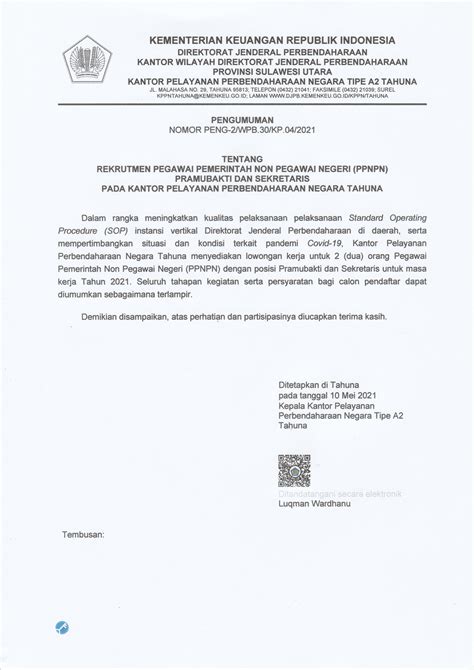 PENGUMUMAN Rekrutmen Pegawai Pemerintah Non Pegawai Negeri PPNPN