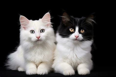 Two beautiful black and white Maine Coon cat, isolated on black ...