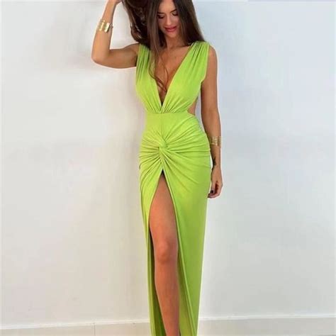 Robe Robe Longue Fronc E Pour Femmes Sexy D Collet En V Profond