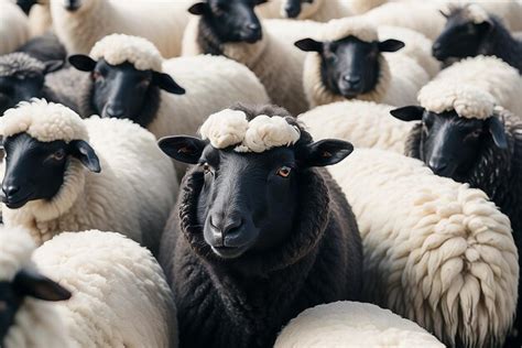 Premium Photo One Black Sheep In A Flock Of White Sheep