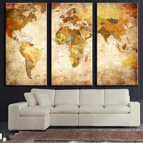 3 Pcs Set Vintage Painting Framed Canvas Wall Art Picture Classic Map