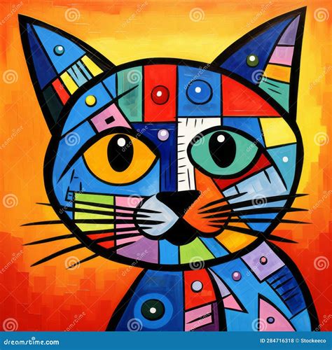 Colorful Cubist Painting Of A Persian Cat By Pablo Picasso Stock