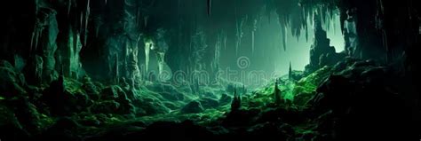 Mystical Landscape Within Luminescent Caves Where Glowing Crystals And