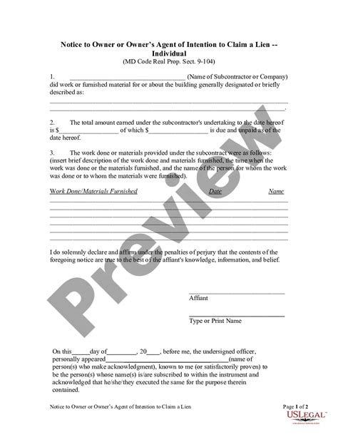 Maryland Notice To Owner Or Owner S Agent Of Intention To Claim A Lien