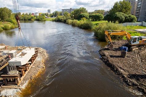 Construction of Bridge Across the River Stock Photo - Image of outside ...