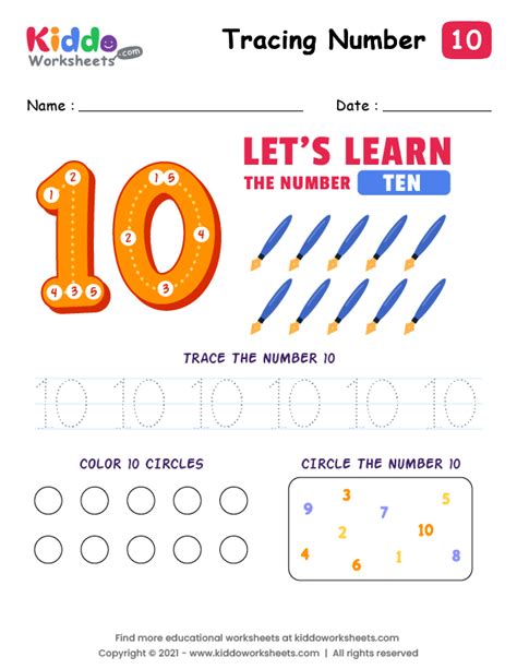 Free Printable Number Tracing Ten 10 Worksheet Kiddoworksheets