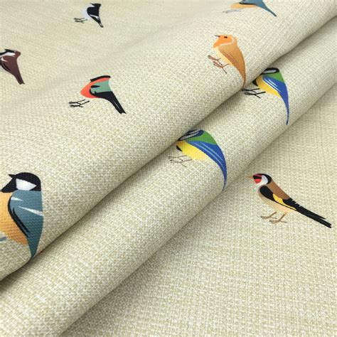 Sparrow Bird Print Fabric By The Yard Colorful Birds On Linen Etsy