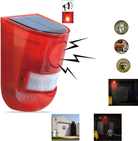 Solar Sound And Light Alarm Motion Sensor 110 Decibels Siren Sound Alert And 6leds Flash Warning