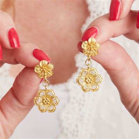 Gold Plated Filigree Double Drop Flower Stud Earrings By Rochejewels