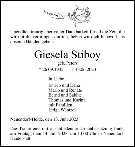 Traueranzeigen Von Giesela Stiboy Trauer Anzeigen De