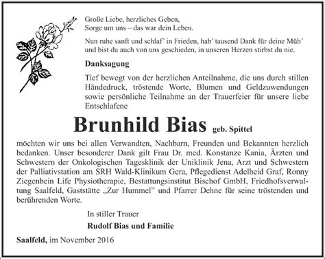 Traueranzeigen Von Brunhild Bias Trauer In Thueringen De