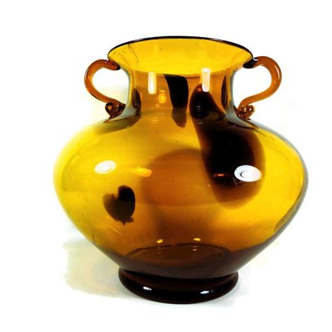 Large Hand Blown Art Glass Vessel Amber And Brown Glass Vase With Handles Vintage Glass Art