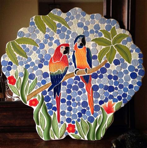 Handcut Ceramic Mosaic Tile Parrots With Palm Trees Wall Art Etsy