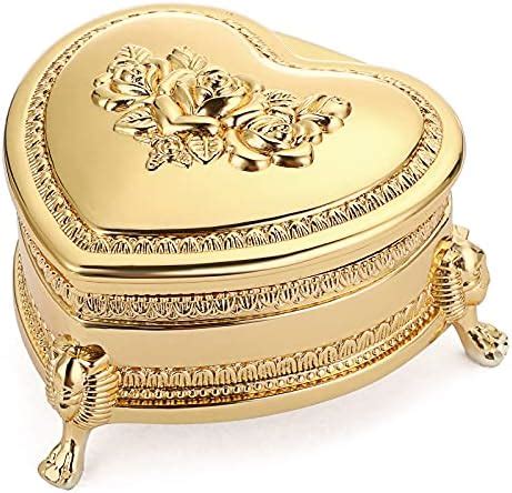 Feyarl Vintage Jewelry Box Heart Shape Engraved Trinket Box Ring