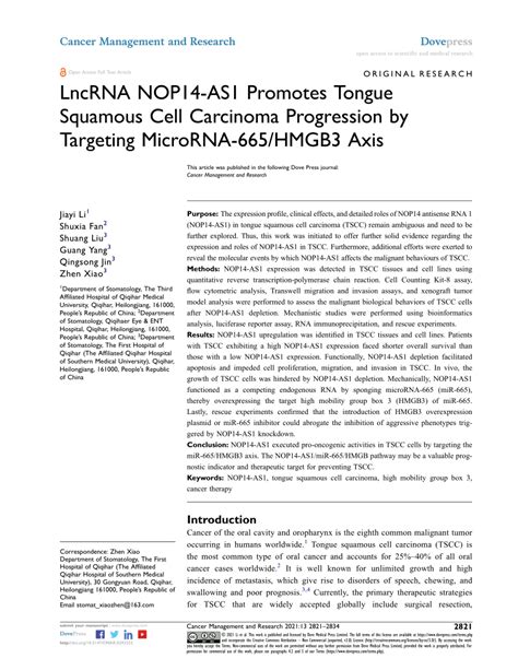 Pdf Lncrna Nop14 As1 Promotes Tongue Squamous Cell Carcinoma