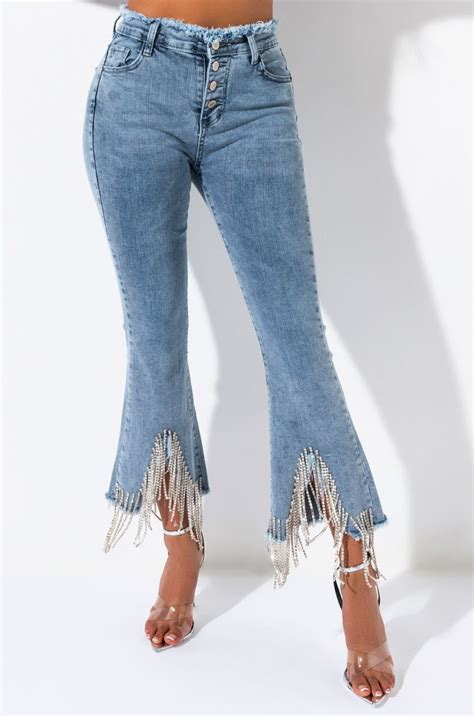 Akira Frayed High Waist Button Front Rhinestone Fringe Cropped Hem